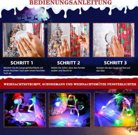 Christmas LED Window Lights Set, 3 Pack Multicolour Santa Hat, Snowman & Stocking with Suction Cups | Battery Operated Lights with Timer & Slow Fade Mode for Christmas Decoration