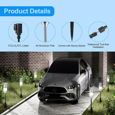 ECOWHO Outdoor Garden Spike Lights Plug-in, Extendable to 24 Lamps IP65 Waterproof LED Pathway Lighting, 12V Low Voltage Mains Garden Lawn Lights for Patio, Driveway, Yard, Cool White 6000K 6 Packs