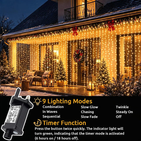 Yowin 600 LED Curtain Lights 6m x 3m Warm White Plug-In Christmas Fairy Lights – Transform Windows, Garden Fences & Party Spaces into a Soft Glow of Festive Magic