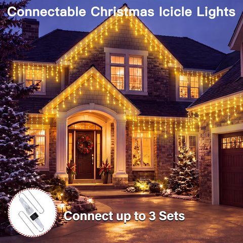 Guhope Outdoor Christmas Icicle Lights 8M 204 LED Warm White Fairy Lights with Remote, Timer & 8 Modes – Create a Cosy Christmas Roofline That Glows All Evening