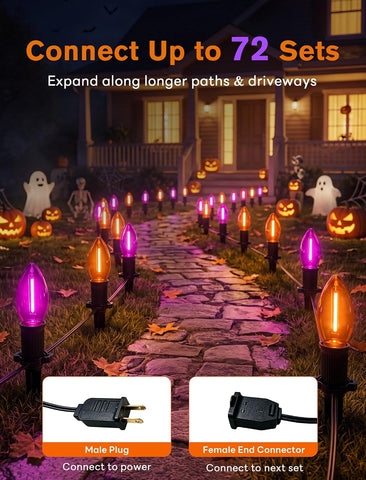 Outdoor Pathway Lights - 19.5 Ft Purple & Orange String Lights with 10 C9 LED Bulbs and Stakes, Connectable, Waterproof, Perfect for Halloween, Yard, Lawn, Garden
