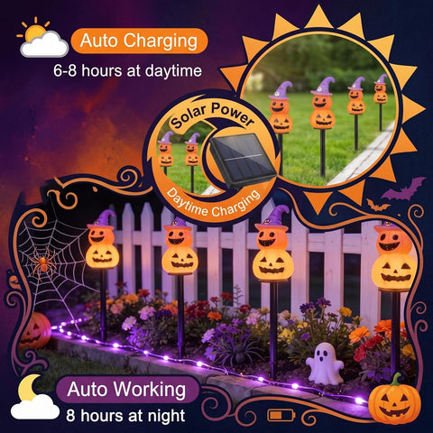 Waterproof Warm Solar Halloween Pathway Lights, Stake Lights for Garden, Walkway, Yard Decor, Spooky Outdoor Lighting, Pumpkin