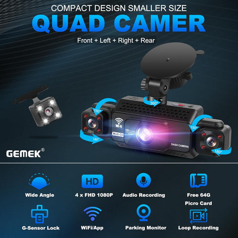 GEMEK 4-Channel 2K Dash Cam 360° View with 5G WiFi & APP Control