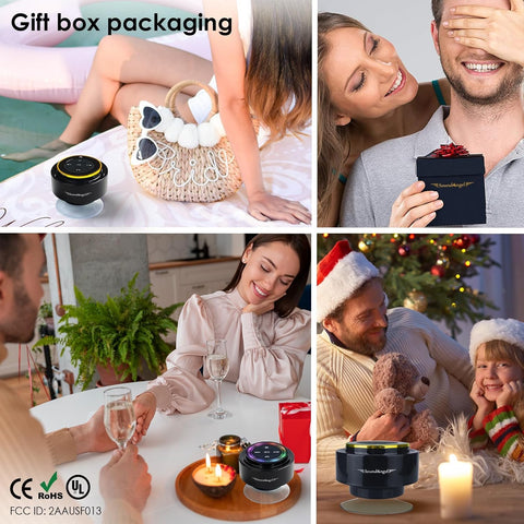 Collage of gift box packaging with people and a product, featuring a woman holding a gift, a couple with a gift, a man and woman at a table, and a family with a child.