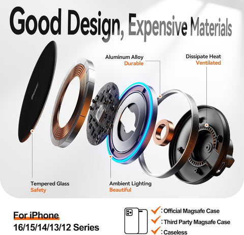 Beser 15W MagSafe Car Mount Charger – Strong 4.16 lbf Magnetic Hold, Qi Wireless Fast Charger for iPhone 12–16 Series