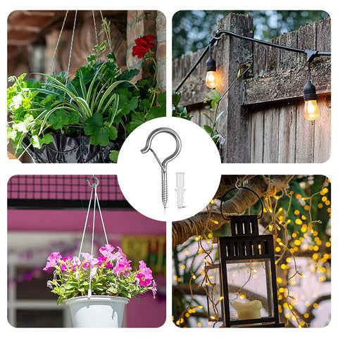 Esteopt 8 Pack Black Q-Hanger Screw-In Hooks with Safety Buckles – Steel Ceiling and Wall Hooks for Outdoor String Lights, Plants, Bird Feeders & Christmas Decorations