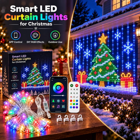 Smart LED Curtain Lights Christmas – RGB Outdoor Curtain Fairy Lights with Bluetooth App, Remote Control & IP65 Weather Resistance - Turn a Plain Wall Into a Festive Light Show