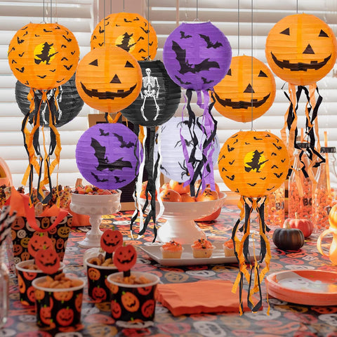8-Piece Halloween Paper Lanterns with Pumpkin, Bat, Spider, Skeleton & Witch Designs – Foldable Hanging Halloween Decorations for Home, Garden, Parties & Trick-or-Treat Events