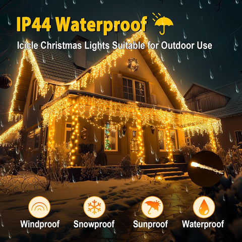 5M 216 LED Outdoor Icicle Christmas Lights – Warm White Plug In Fairy Lights with Timer, 8 Modes & IP44 Water Resistant Design - Turn Your Home Into a Winter Wonderland