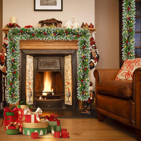 Pre-lit Artificial Christmas Garland 9Ft Green with Red Flowers