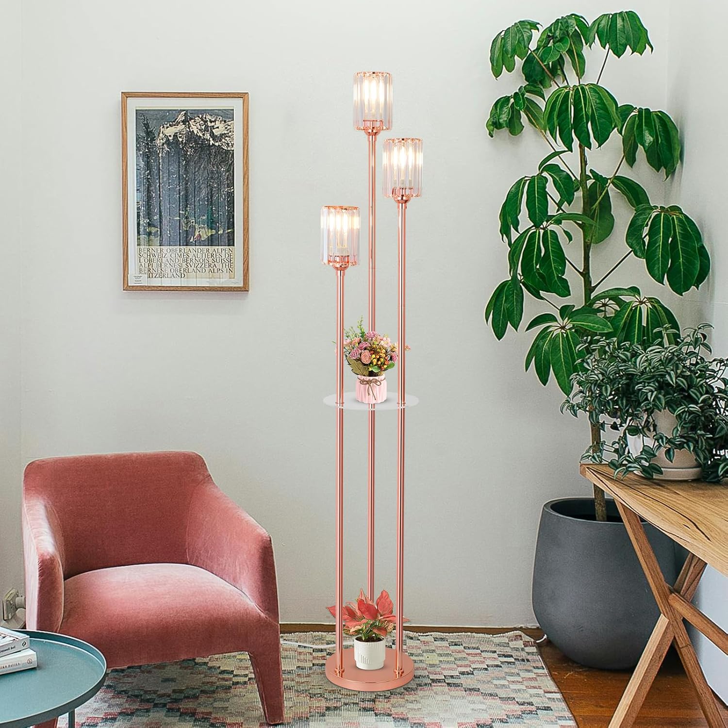 Living room with a pink armchair, floor lamp, and potted plants.