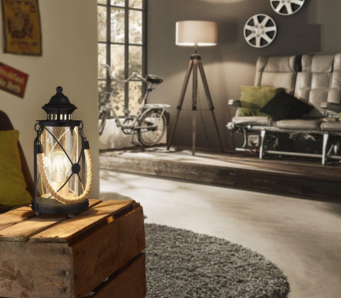 EGLO Bradford Vintage Table Lamp – Black Lantern Light with Clear Glass, E27 Socket & In-Line Switch for Bedroom, Living Room & Hallway