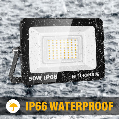 50W LED Flood Light, IP66 Waterproof Super Bright 5000LM Security Light, 3000K Warm White Outdoor Wall Light for Garden Yard Garage Patio Warehouse with UK Plug