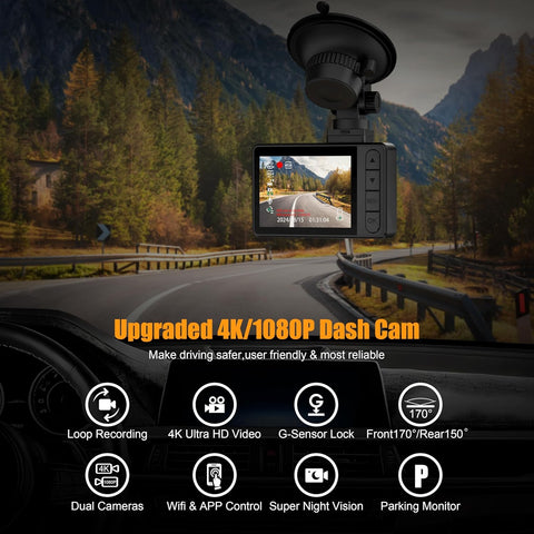 ORSKEY A12 4K+1080P Dash Cam with WiFi, Front & Rear Cameras, 64GB