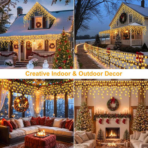 14M 360 LED Christmas Icicle Lights Outdoor Mains Powered with Remote – Warm White, 8 Modes, Timer & IP54 Waterproof - Turn Your Home Into a Winter Glow
