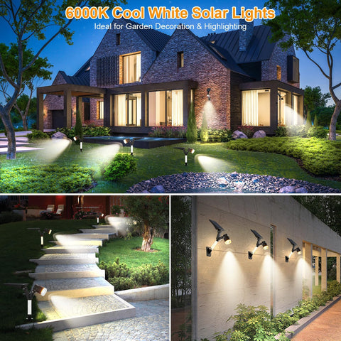 HAMLITE Solar Spotlights Outdoor Garden, Garden Spot Lights 6000K, Solar Lights Outdoor Waterproof, Dimmable Wall Lights for Outside, Spot Landscape Lighting for Pathway, Driveway, Patio - 2 Packs