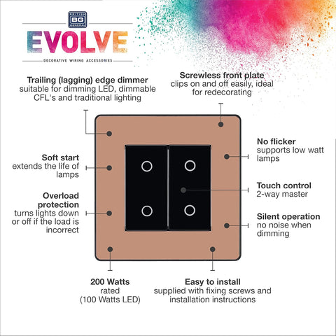 BG Electrical Double Slave/Secondary Touch Dimmer Wall Light Switch, 2-Way, Trailing Edge, Screwless Front Plate, Evolve, Polished Copper, 200W, PCDCPTDS2B