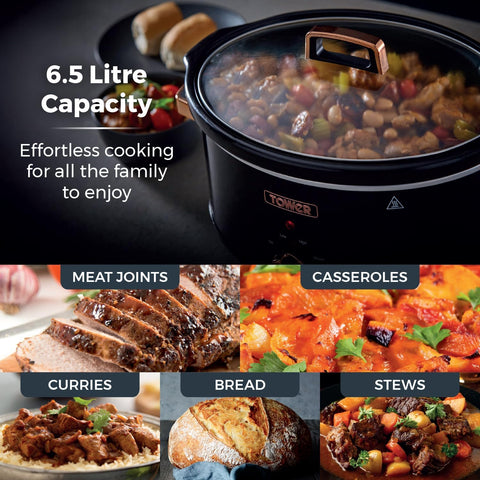 Infinity 6.5L Slow Cooker with 3 Heat Settings & Keep Warm Function, 270W Power, Stainless Steel Pot, Black and Rose Gold