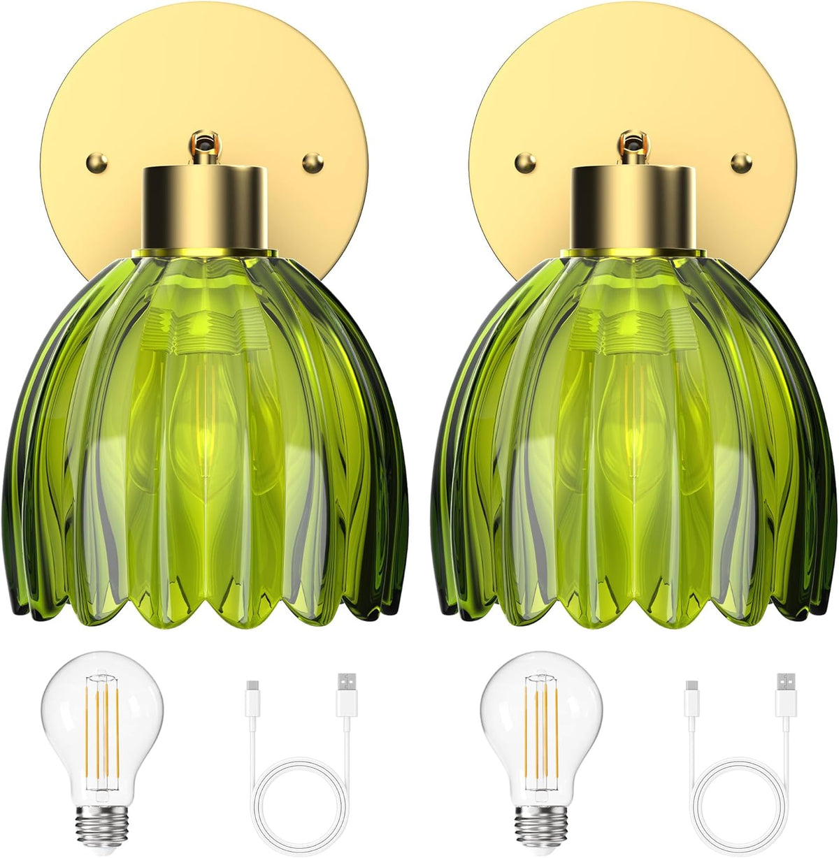 Vintage Rechargeable Wall Lights with Green Tulip Glass Shade, Dimmable, Wireless