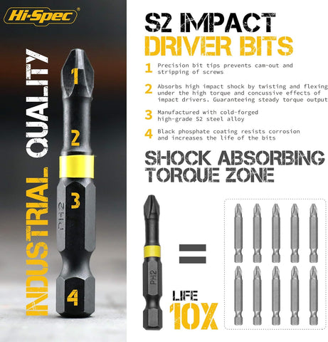 Hi-Spec 44Pc Impact Drill Driver Screw Bit Set S2 Steel Hex Torx PZ PH Nut Driver Kit – 1/4" Hex Shank Heavy Duty Screwdriver Bits In Compact Case