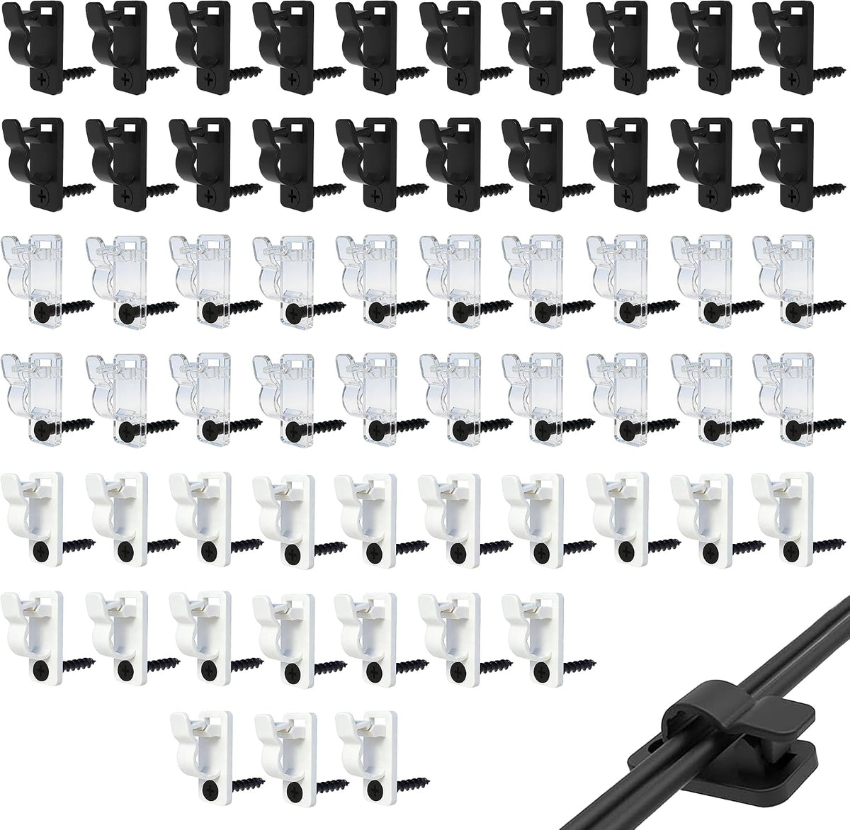 60 Pack Screw-In Cable Clips for Outdoor String Lights – Black, White & Clear Plastic Wire Holders for Gardens, Patios & Fences – Keep Every Light in Its Place