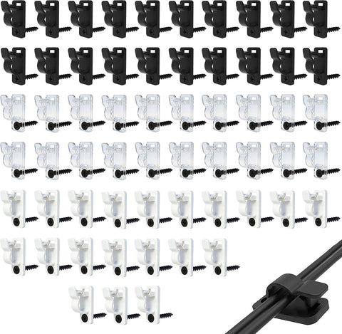 60 Pack Screw-In Cable Clips for Outdoor String Lights – Black, White & Clear Plastic Wire Holders for Gardens, Patios & Fences – Keep Every Light in Its Place