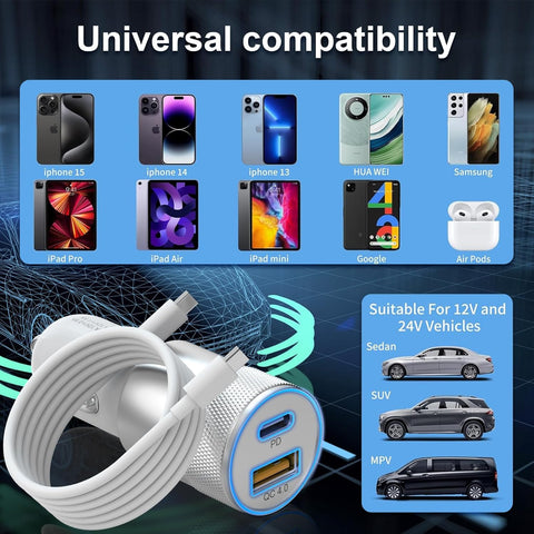 2 Pack 48W Dual USB Car Charger Adapter with Cables for iPhone and Samsung