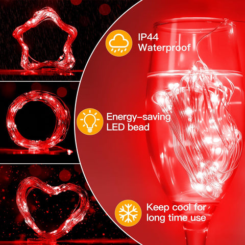 10m Red Battery Operated Fairy Lights, 100 LED Waterproof Copper Wire String Lights for Indoor Outdoor Valentine’s Day, Wedding, Bedroom & Party Decor