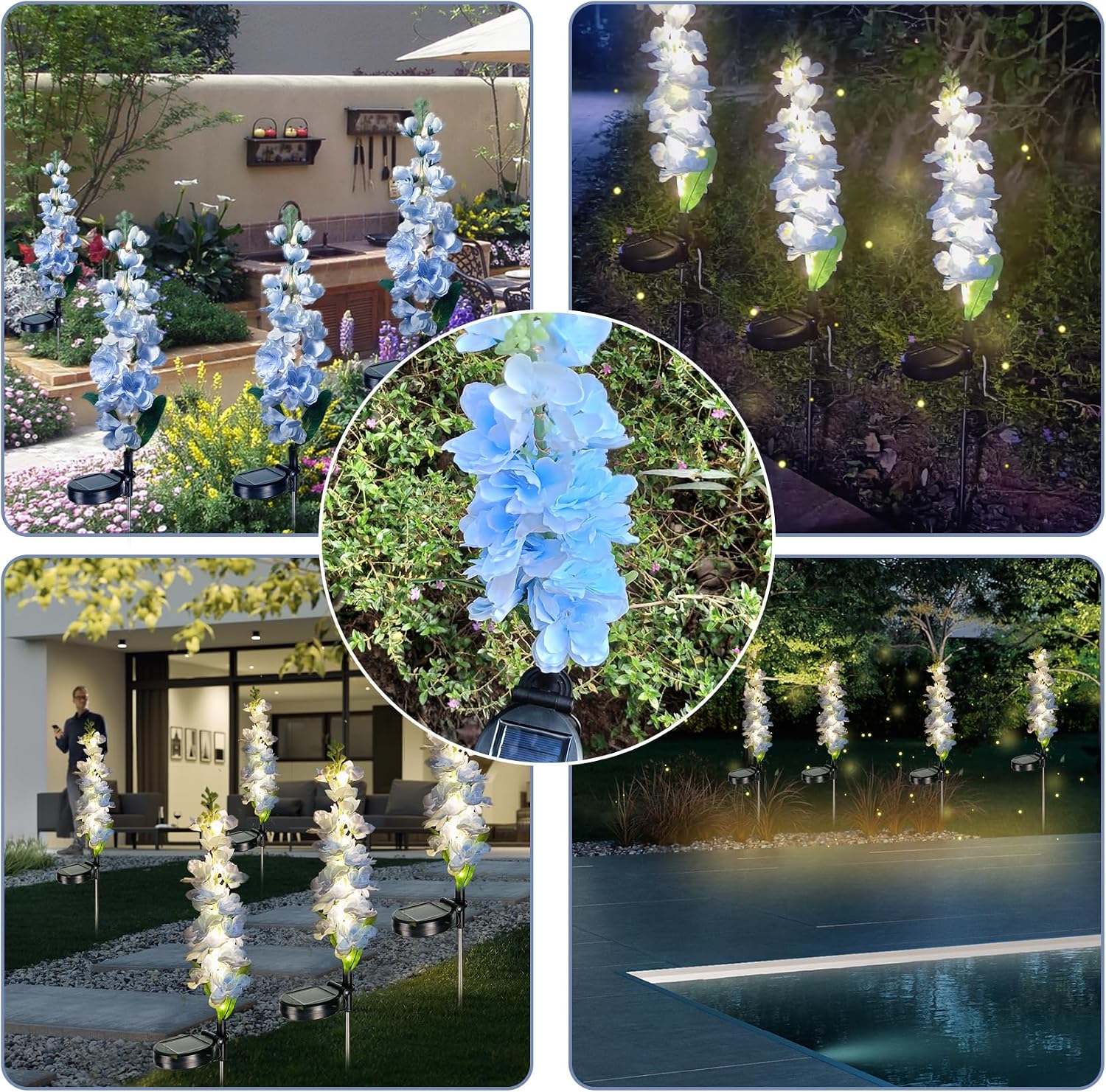 Solar Lights Outdoor, 2 Pack Upgraded Delphinium Solar Garden Lights,Waterproof Outdoor Light Solar Powered,Flower Garden Ornaments for Yard Lawn Patio Porch Pathway Cemetery Decorations (Blue)