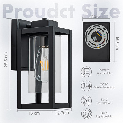 Black outdoor wall light fixture with dimensions and features on a white background