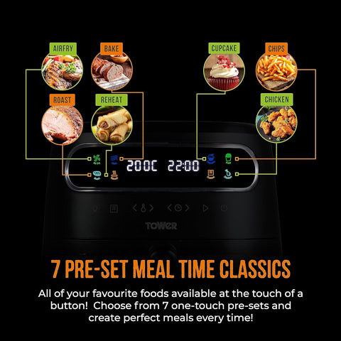 Tower T17125 Vortx 3L Digital Air Fryer – 1200W, Colour Display, Touch Controls & 7 One-Touch Presets, Healthy Low-Oil Cooking, Black