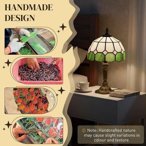 HOMCOM Handmade Stained Glass Table Lamp – Tiffany-Style Green Bedside Lamp with Bronze-Tone Zinc Alloy Base, E27 Socket & 40W Max for Bedroom, Living Room & Home
