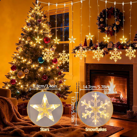 Christmas Window Curtain Lights 3.5M, 138 LED Stars & Snowflake Fairy String Lights with 8 Flashing Modes, USB & Battery Operated Warm White Christmas Tree & Wedding Decor