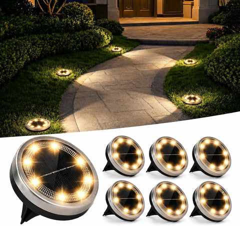 Jsdoin 6PCS Solar Floor Lights Outdoor, 8 LED Lights Waterproof Outdoor Light, IP68 Garden Light Stainless Steel Solar Lamp for Walkway, Terrace, Outdoor, Lawn, Entrance (Warm)