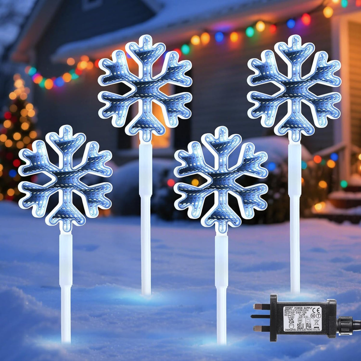 Quntis 3D LED Christmas Pathway Snowflake Lights 4Pack Mains Powered Christmas Path Infinity Lights with 8 Modes Timer Memory Function Mirror Tunnel Effect Xmas Decor Outdoor for Garden Yard Lawn