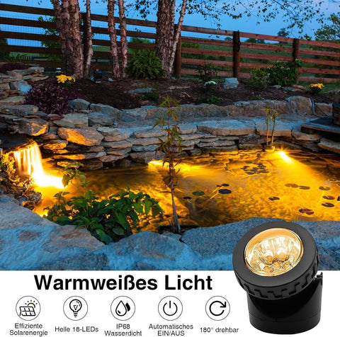 AVEKI Solar Pond Lights Set of 3 – Waterproof Solar Underwater LED Spotlights with 18 LEDs, Automatic Night Lighting & Adjustable Heads for Ponds, Gardens, Patios & Water Features