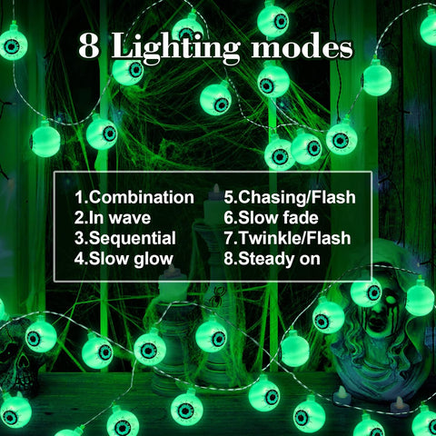 5M 30 LED Halloween Eyeball String Lights – Battery Powered Green Outdoor Halloween Decorations with 8 Lighting Modes for Garden, Porch, Fence & Parties