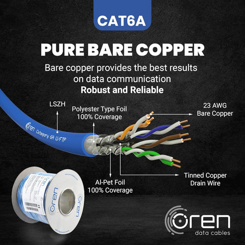 Oren CAT6A Ethernet Cable 50m 23AWG Pure Copper U/FTP High Speed 10GbE Network Cable – 500MHz Gigabit LAN RJ45 Male-to-Male Blue Internet Cable for Router, Gaming, Office & Server