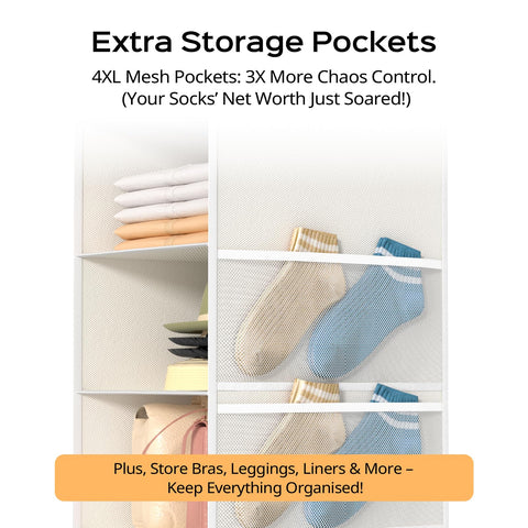 Extra Deep 6-Shelf Hanging Wardrobe Organiser, Grey – Heavy-Duty Foldable Clothes Storage with 4 Large Mesh Pockets