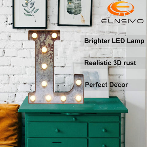 L Style LED Marquee Letter Light, Rust Metal Effect Industrial Vintage Decorative Letter Lamp, Battery Powered Tabletop or Wall Mount Marquee Sign for Home, Party, Wedding, Cafe and Bar Decor