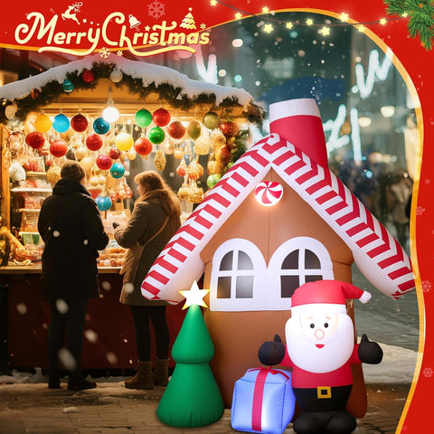 7FT Inflatable Christmas House with Santa Claus & Tree, Built-in LED Lights, Durable Outdoor Inflatable Xmas Decoration for Garden, Lawn, Patio & Holiday Parties