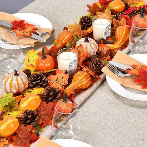 120Pcs Artificial Pumpkins Autumn Decorations Set,Autumn Home Decor Artificial Fall Maple Leaves,Pine Cones,Gourds,Pumpkin,Small Acorns for Thanksgiving Halloween Fall Home Harvest Table Decorations