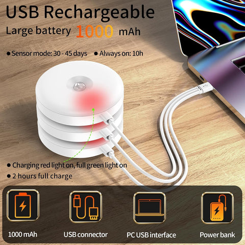 daphomeu 6 Pcs Motion Sensor Lights Indoor USB Rechargeable – LED Night Lights for Bedrooms, Kitchens, Cabinets & Stairs - Let the Light Find You When You Need It