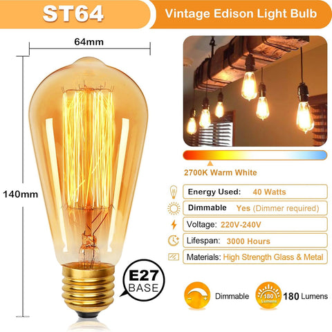 Vintage Edison light bulb with specifications and features on a white background