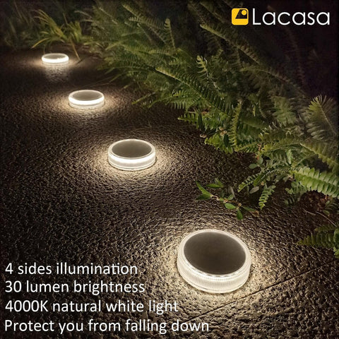 Lacasa Solar Decking Lights 4 Pack 30LM LED Step Lights, Auto ON/Off, IP68 Waterproof, Natural White, Outdoor Garden Driveway Pathway Lighting