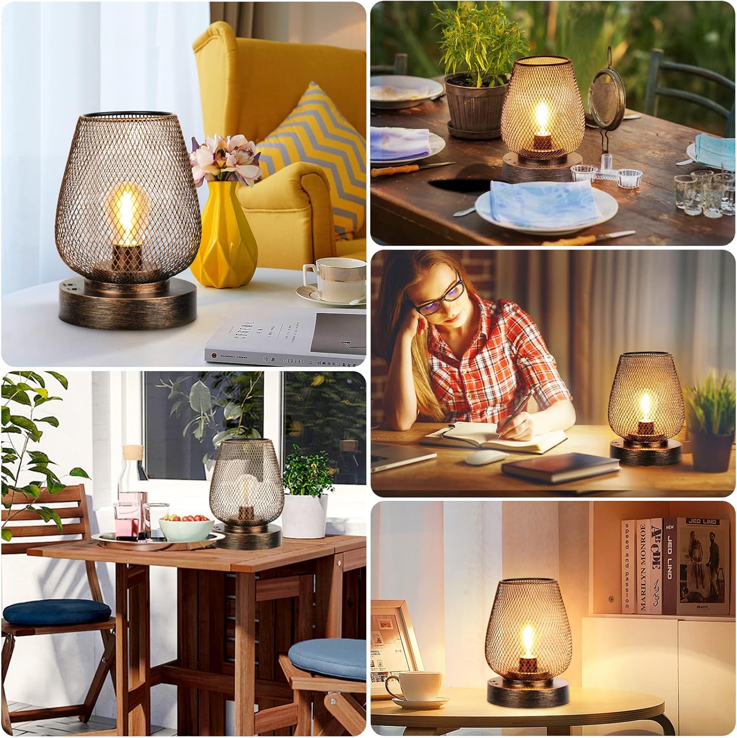 Collage of various table lamps in different settings including a living room, dining area, and home office.