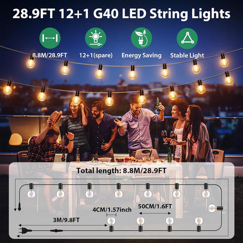 LED string lights with a diagram and people enjoying outdoor time, featuring energy saving and stable light icons.