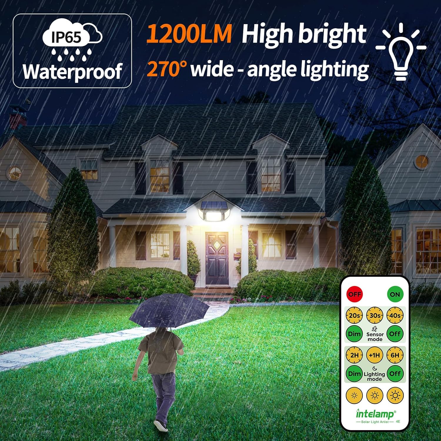 House at night with outdoor lighting system, person with umbrella, and remote control displayed.