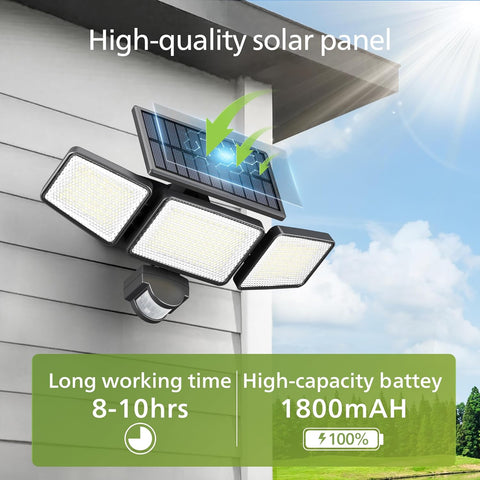 Solar-powered outdoor light fixture on a house exterior with text highlighting features.