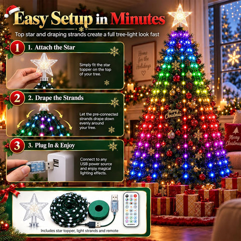 Smart Christmas Tree Lights – 400 Addressable Multicolour LEDs with App & Remote Control, 200+ Effects, USB Powered – Make Your Christmas Tree the Star of the Room